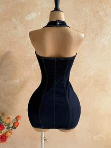 Soleia 女士性感露背吊带修身迷你牛仔连衣裙，夏季 - 藍色 - 查看 2