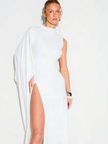 KIZN Women's High Neck Extreme Drape One Sleeve Split Front Maxi Dress Evening Formal Asymmetrical White Floor Length Gown - White - View 3