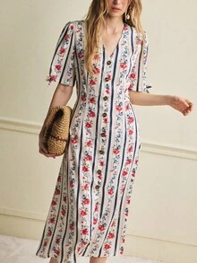 Écloséra 优雅复古V领前系带袖条纹印花短袖春夏碎花连衣裙，女士优雅连衣裙，女士休闲连衣裙 - 彩色 - 查看 3