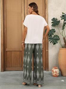 EMERY ROSE 两件套女士休闲圆领上衣和宽松长裤，百搭套装，适合春夏穿着 - 彩色 - 查看 2