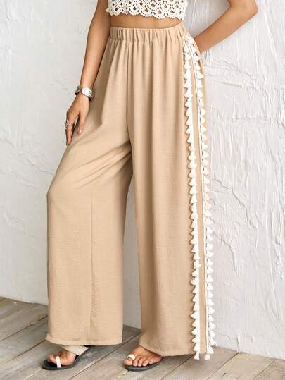 Breezaya Women's Apricot Fringe Trim Wide Leg Loose Casual Pants
