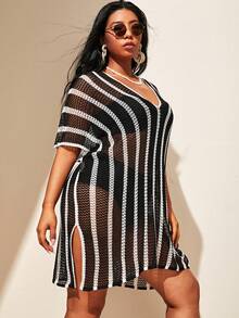 SHEIN Swim Curve Plus Size Women's Patchwork V-Neck Striped Split Shoulder Knitted Mid-Long Casual Loose Beachwear Cover Up, Suitable For Summer Beach - Black and White - View 4