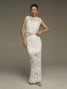 COSMINA Women's Elegant Lace Embroidered A-Line Skirt, Suitable For Commuting, Office, Outings, Vacations, Valentine's Day, Dates, Wedding Guests, Spring - White - View 3