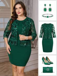 Ellevyn Bộ đồ thanh lịch cỡ lớn 2 món: Áo khoác tay lửng màu xanh lá cây + Váy không tay cổ tròn thêu sequin eo và hông, phù hợp cho mùa thu, đông, Halloween, tựu trường, Giáng sinh và các dịp khác. Bộ đồ này cũng phù hợp cho các sự kiện công sở thường ngày, chẳng hạn như váy dự tiệc cưới mùa thu, váy tựu trường, váy hẹn hò, váy dự tiệc cưới trang trọng, váy dành cho mẹ cô dâu, trang phục dự tiệc cưới trang trọng và váy dự tiệc cưới. - Màu xanh lá cây đậm - Xem 4