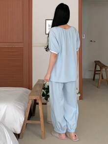 DAZY Bộ đồ ngủ nữ dáng rộng, tay bồng nhẹ nhàng, thoáng mát, thích hợp cho mùa hè. - Màu xanh lam - Xem 2