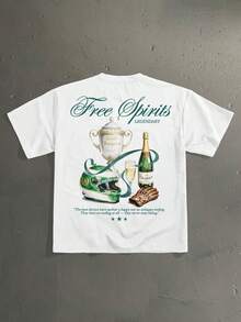 StoneGrade 复古美式赛车冠军奖杯图案宽松短袖T恤，时尚休闲，适合约会和聚会，是送给男朋友的理想礼物 - 白色 - 查看 1