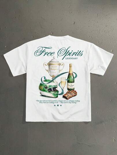 StoneGrade Camiseta de manga corta con estampado de trofeo de campeón de carreras vintage estadounidense, de corte holgado, moda casual para citas y reuniones, regalo ideal para el novio