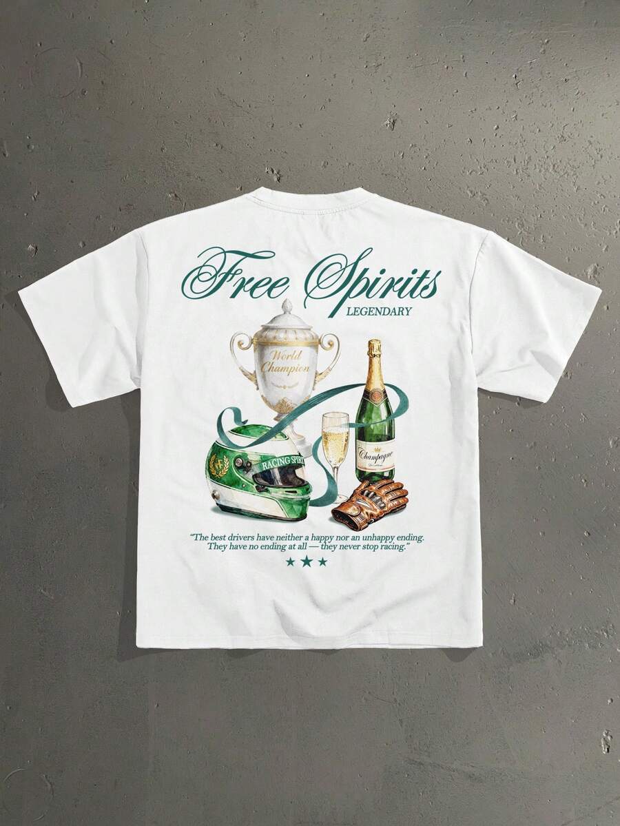 StoneGrade 复古美式赛车冠军奖杯图案宽松短袖T恤，时尚休闲，适合约会和聚会，是送给男朋友的理想礼物 - 白色 - 查看 1