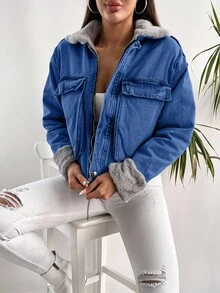 EURMUSE 100%Cotton Fuzzy Collar Flap Pocket Drop Shoulder Denim Jacket - Baby Blue - View 3