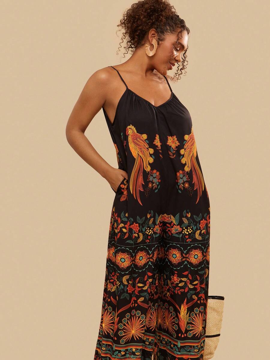 Travachic 大码女式黑色热带植物印花连体裤，吊带V领长裤连体裤，带口袋的岛屿休闲浪漫约会连体裤 - 黑色 - 查看 1