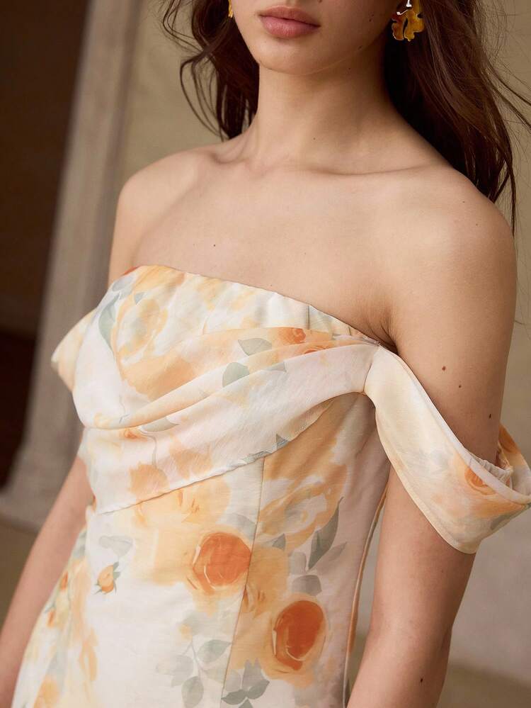 WOMEN'S FLORAL PRINT OFF SHOULDER WAIST-CINCHED LONG DRESS, SUMMER