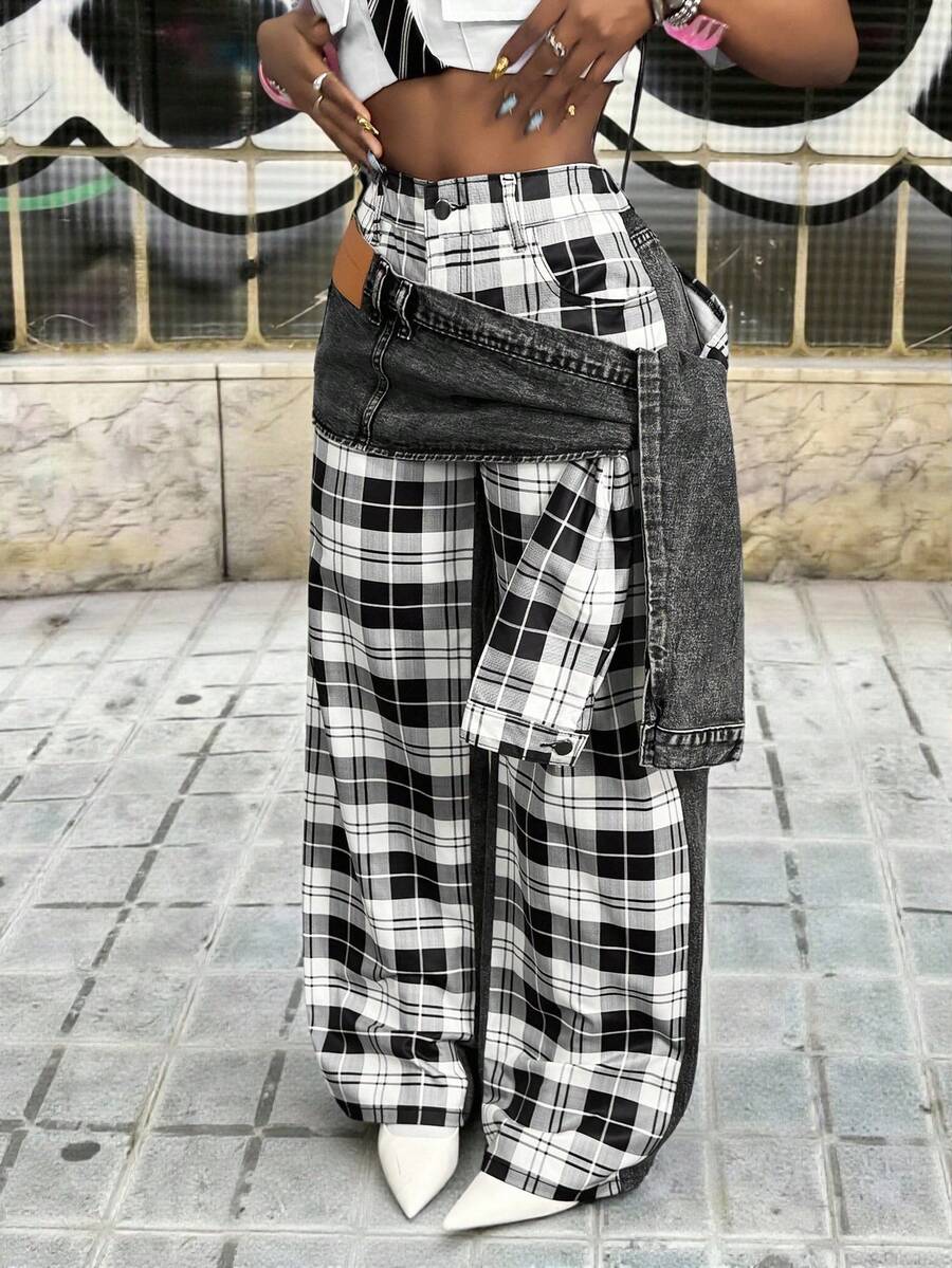 Slaydiva Damjeans med vida ben, rutmönster och lapptäcke, casual och streetchic - Svart - Visa 1