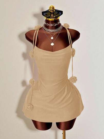 Mistrie Romantic Party Red Halter Dress, Bodycon Mini Skirt With 3D Rose Decor, Sexy Open Back Ruched Design, Tight Fitting Cocktail Dress For Date Night, Dinner Party