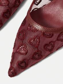 CUCCOO HITCHD Spring And Autumn Burgundy Mesh Embroidered Sequin Pointed Toe Thin Heels Sexy And Elegant Women's High Heels Shoes - Burgundy - View 11