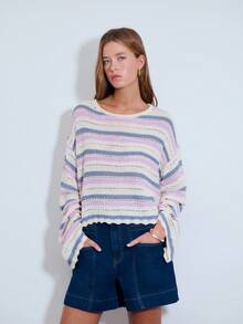 Nöista Open Knit Sweater , Round Neckline, And Scalloped Hem, Features Horizontal Stripes, Relaxed Fit. Beachwear, Spring, Summer, Easter, Casual Look. - Multicolor - View 4