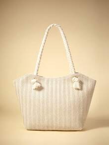 Travachic 2025新款乡村风多用途女士单肩包休闲大容量托特包编织草编包沙滩包休闲风 - 米色 - 查看 2