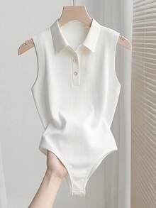 Franclia 优雅百搭翻领半拉链针织白色连体衣，女士春夏度假沙滩连体衣 - 白色 - 查看 1