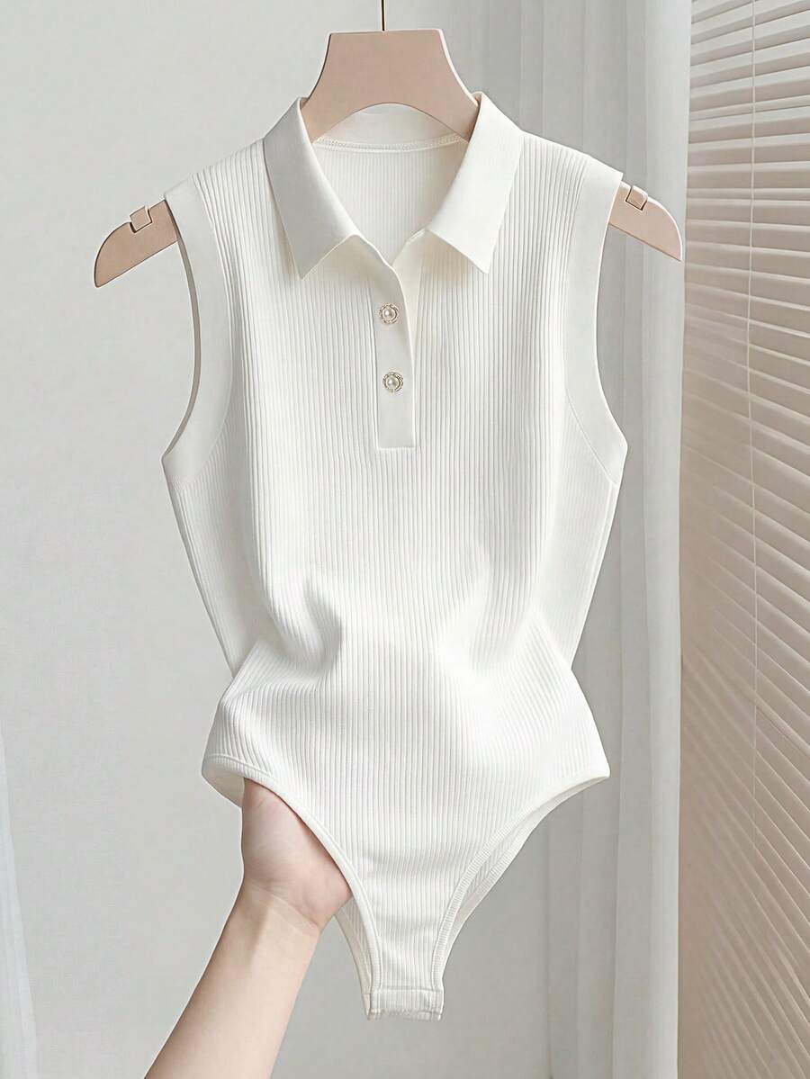 Franclia 优雅百搭翻领半拉链针织白色连体衣，女士春夏度假沙滩连体衣 - 白色 - 查看 1