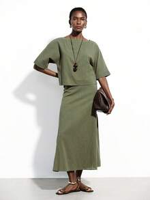 Aveloria Modichic Women's Two-Piece Set Faux Linen Textured Fabric Army Green,Summer,Casual,Occasion H-Line Straight Fit Loose Crop Top Boat Neck Retro Vacation Outfits - Green - View 7