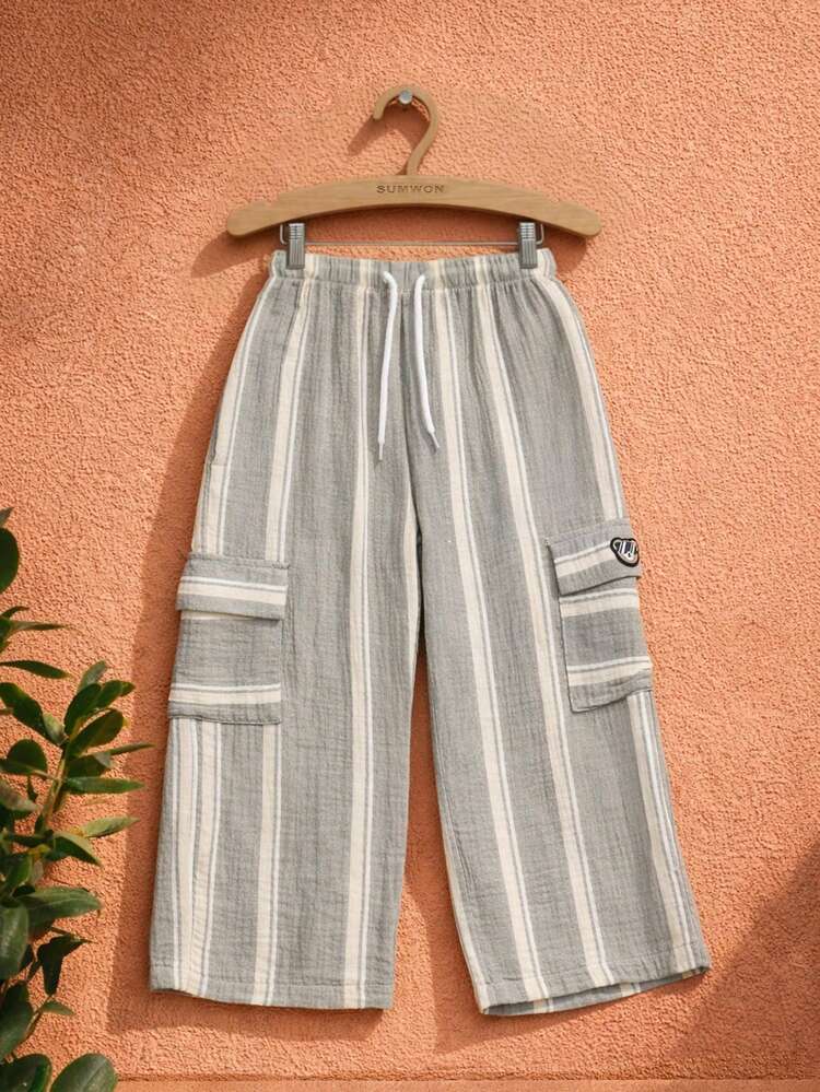Striped Wide Leg Cargo Pants With Pockets