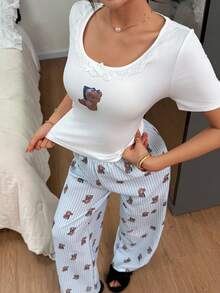 Napfluff Bộ đồ ngủ nữ hình gấu dễ thương, gồm áo ôm sát và quần rộng thoải mái có ren. - Xanh và trắng - Xem 5