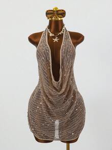 Swim SXY 女士镂空亮片露背吊带休闲沙滩罩衫 - 杏色 - 查看 1