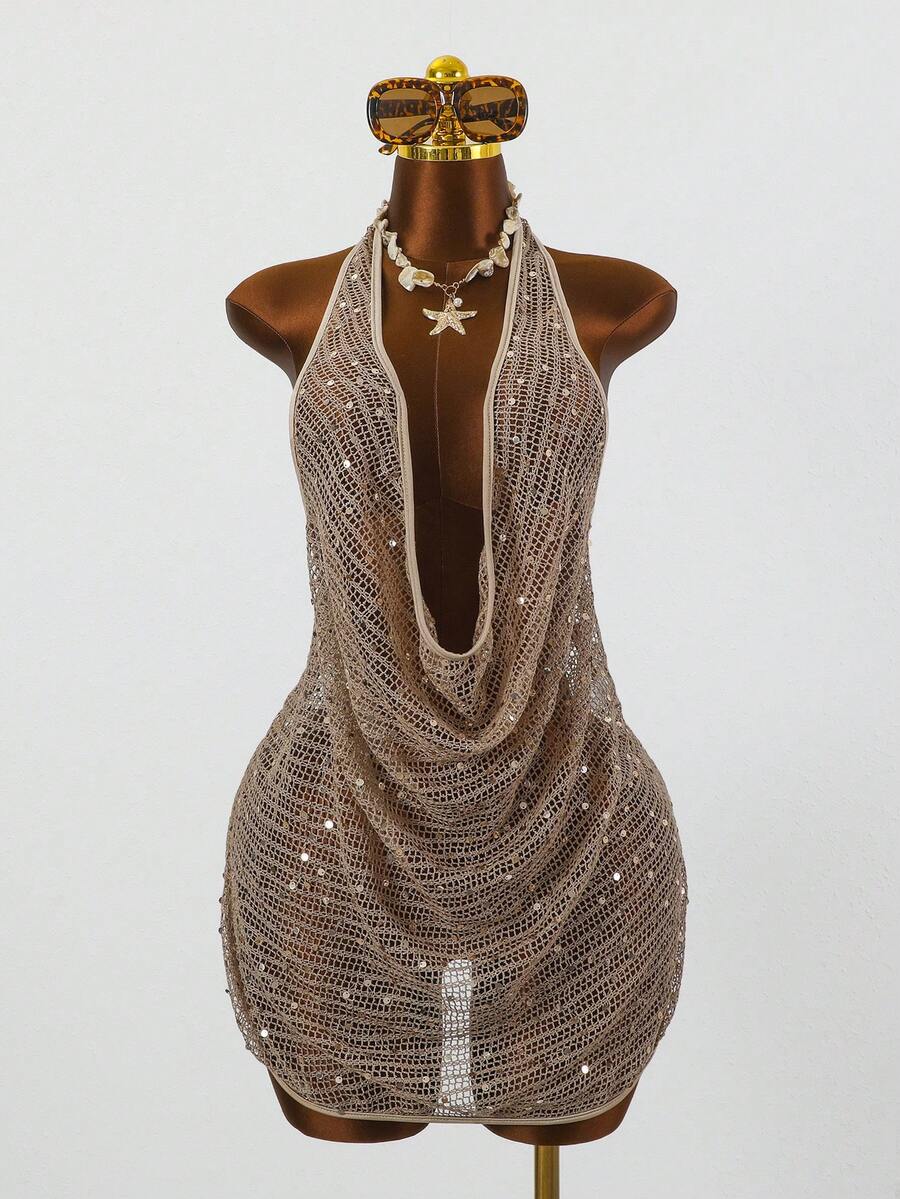 Swim SXY 女士镂空亮片露背吊带休闲沙滩罩衫 - 杏色 - 查看 1