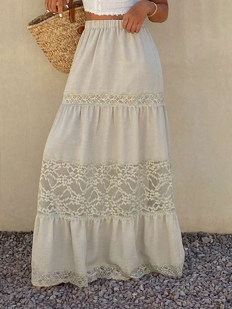 Women's Vacation Casual Solid Color Lace Patchwork Skirt Summer