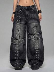 ROMWE Grunge Punk Quần jeans ống rộng dáng suông phong cách Punk Metal đính đinh tán và thêu hình chữ thập. - Xám - Xem 2