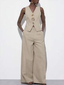 Aveloria Modichic 女士不对称金属扣无领修身背心和直筒裤两件套 - 卡其色 - 查看 1