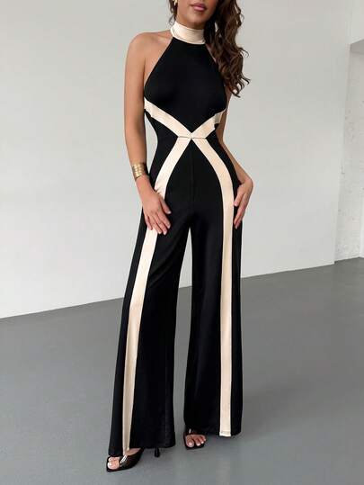 Rafferiza 2026 New Spring/Summer Commuter Elegant Minimalist Design Combining Capable, Crisp And Graceful Forward-Looking Elegant. Sleeveless High Collar Fitted Silhouette Accentuates Body Curves. Black & Apricot Color Blocking Design. Whole Piece Jumpsuit With Wide Leg Pants.