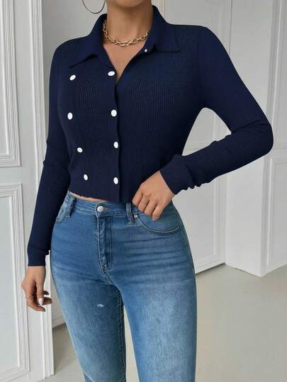 Mujer estilo chic blusa de tejido elástico ajustado cuello camisa manga larga otoño-invierno look versátil blusa