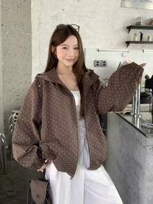 DAZY Women's Regular Hooded Allover Print Jacket - Coffee Brown - View 7