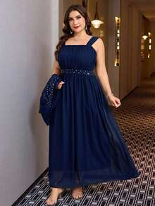 Reflora 大码闪亮优雅短袖连衣裙 - 藍色 - 查看 11