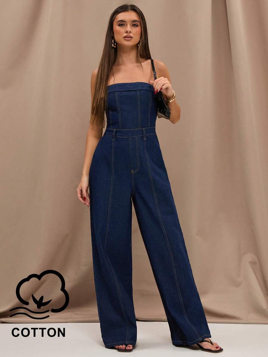 SHEIN BAE Women's Loose Fit Strapless Wide Leg Casual Denim Jumpsuit,Commuting Jumpsuits, Summer Denim Jumpsuits, Work Denim Jumpsuits, Casual Jumpsuits,Casual Outfit For Women,Raw Denim Jumpsuit,Summer Outfits For Women,Spring Clothes Women ,Elegant Jumpsuit For Women,Holiday Outfits For Women - Dark Wash - View 1