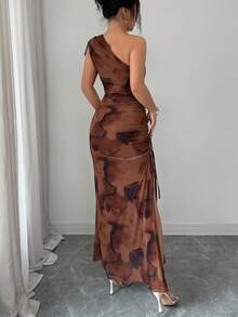 Rafferiza Women's Elegant Off-Shoulder Gathered Tie-Dye Mesh Drawstring Slit Slim-Fit Long Dress, Women's Elegant Dress, Tie-Dye Gradient, Mesh Dress, Off-Shoulder Sleeveless Dress, Slim-Fit Bodycon Dress, Slit Dress, Tie-Dye Dress, Women's Casual Suit, Women's Summer Dress, Summer Holiday Outfit, Summer Clothing, Women's Spring Outfit, Spring Clothing, Vacation Outfit, Women's Beach Outfit, Vacation Dress, Summer Outfit, Women's Floral Dress, Women's Party Dress, Wedding Dress, Women's Brown Dress, Brown DressGraduation Season Attire, Fashionable Casual Commuter Wear, Business Office Wear, Versatile And Stylish Everyday Casual Wear, Urban Teacher's Professional Attire - Coffee Brown - View 2