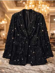 Blazer Negro con Bordado de Lentejuelas y Brillo Sutil - Negro - Ver 3