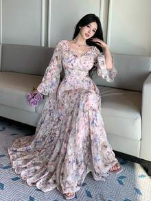 DAZY 女士方领收腰A字碎花优雅连衣裙 - 彩色 - 查看 6