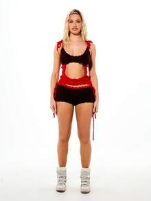 SUMWON WOMEN 女士钩针编织荷叶边系带细节热裤夏季节日休闲热裤 - 棕色 - 查看 3