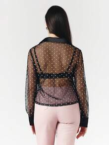 OverBlushhh Women's Black Sheer Polka Dot Blouse Long Sleeve Button Down Shirt Satin Collar Cuff Elegant See Trough Blouse Chic Office Work Date Night Party Top, Spring, Summer - Black - View 2