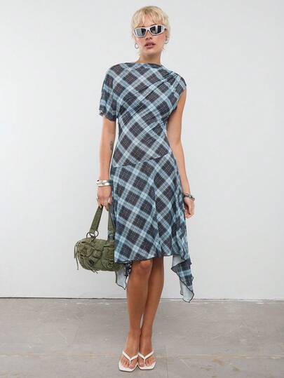 COUREZ Sheer Check Asymmetric Midi Dress/Y2K Spring Clothes For Women Cute Sexy Dress For Women Going Out Party Rave Festival Outfits Summer Dress Summer Outfits Layering Dress
