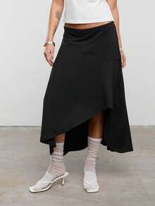 COUREZ Asymmetric Hem Low Waist Midi Skirt/Y2K Spring Clothes For Women Cute Sexy Skirts For Women Going Out Party Rave Festival Outfits Summer Skirts Summer Outfits - Black - View 2