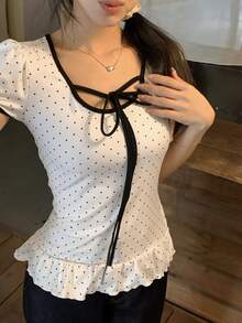 DAZY Women's Polka Dot Twist Ruched Fitted Casual T-Shirt - White - View 4