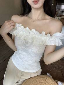 DAZY Áo thun nữ trễ vai thời trang đa năng, thích hợp cho hẹn hò/dã ngoại mùa hè. - trắng - Xem 1