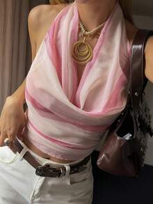 DAZY Sexy Contrast Color Striped Halter Backless Crop Top, Summer Cruise Outfit For Women - Pink - View 4