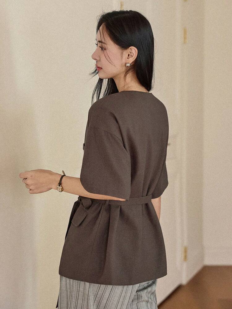 Women's Casual Commuter Solid Color Short Sleeve Shirt Summer