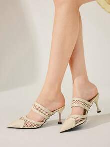 CUCCOO CHICEST Women's Pointed Toe High Heel Mules, Elegant Fashion Perforated Heart-Shaped Vamp Design, Glossy Apricot Patent Leather, Suitable For Date, Afternoon Tea, Work, Commute Wedding Shoes Spring Shoes Bride Shoes - Apricot - View 5