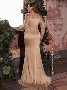Glamrae 大码优雅奢华刺绣亮片蕾丝缎面拼接透视性感美人鱼长裙，侧开衩，适合婚礼、派对、度假、舞会、晚礼服（重工装饰） - 香檳色 - 查看 4