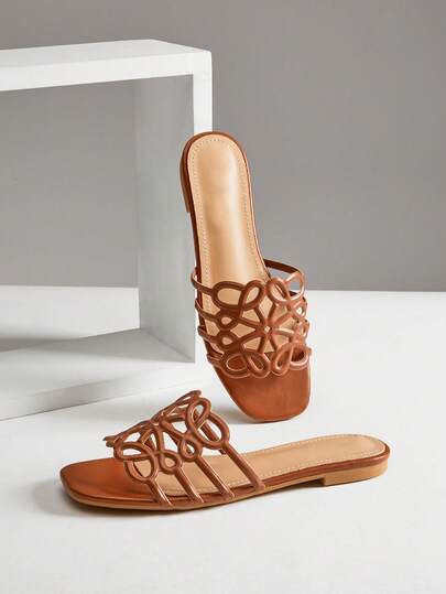 SHUZIA Women's Elegant Floral Cut-Out Slip-On Flat Sandals