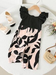 Bubblio 女婴可爱几何拼接欧根纱荷叶边连体衣，夏季 - 黑色 - 查看 1